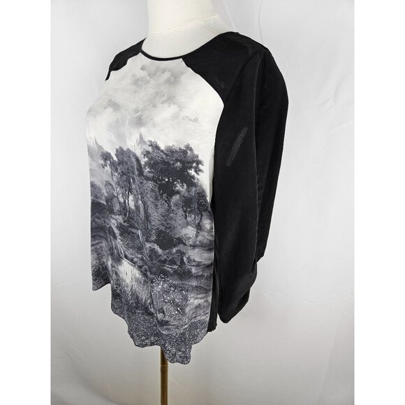 BCBGMaxAzria Silk Addy Blouse Sz. Small Landscape Print Artsy Art To Wear B&W - Picture 3 of 12